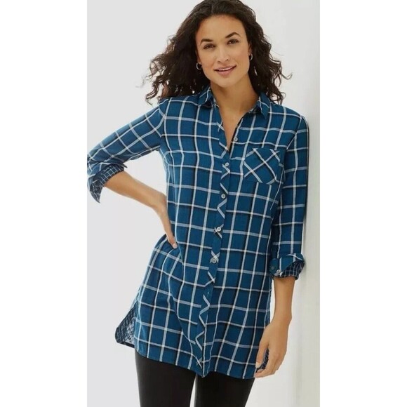 J. Jill Multi Plaid Double Cloth Long Tunic Button Up Flannel Shirt Blue Size L - Picture 1 of 10